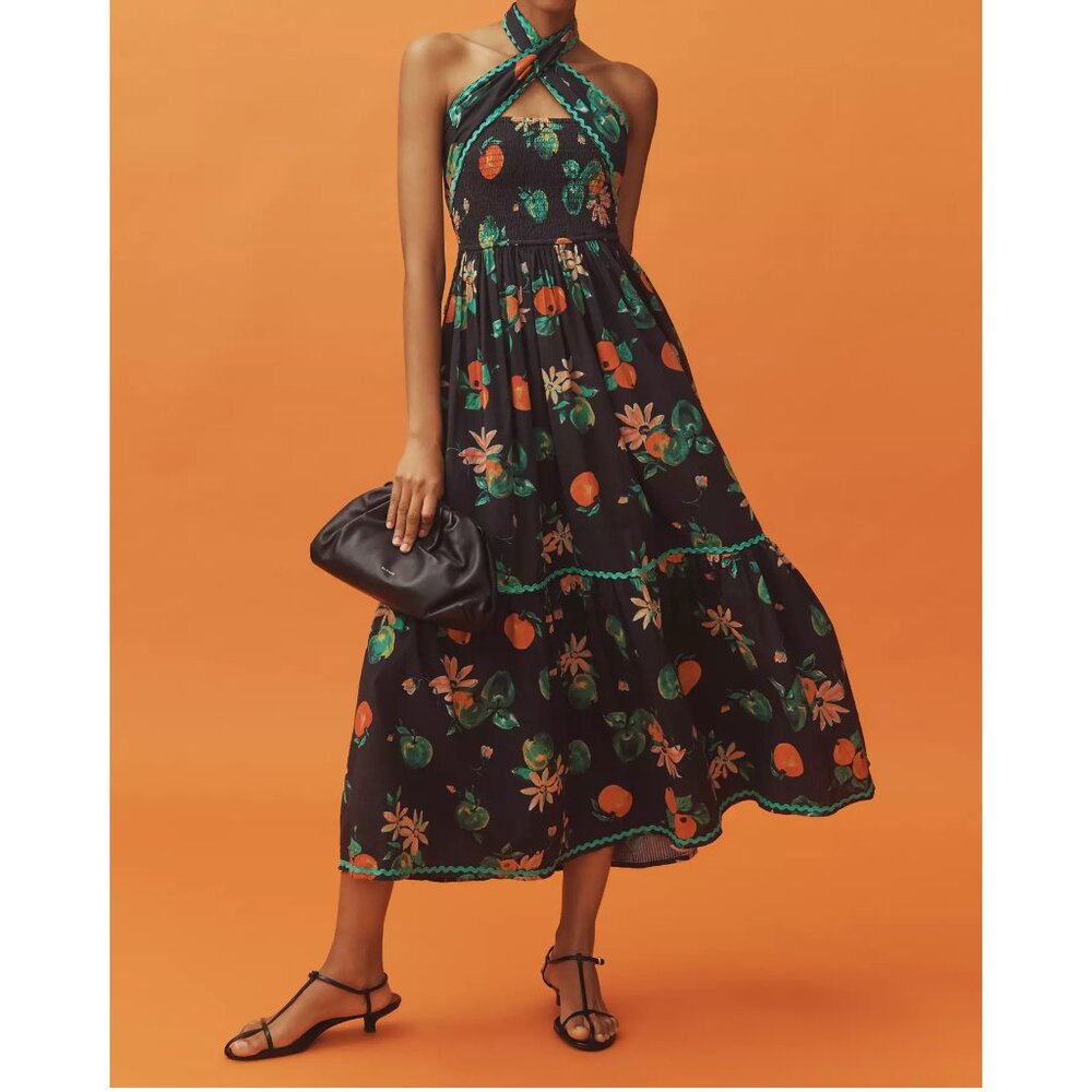 Damson Madder Convertible Pia Midi Dress Apple Black Motif Size 12 UK / 8 US